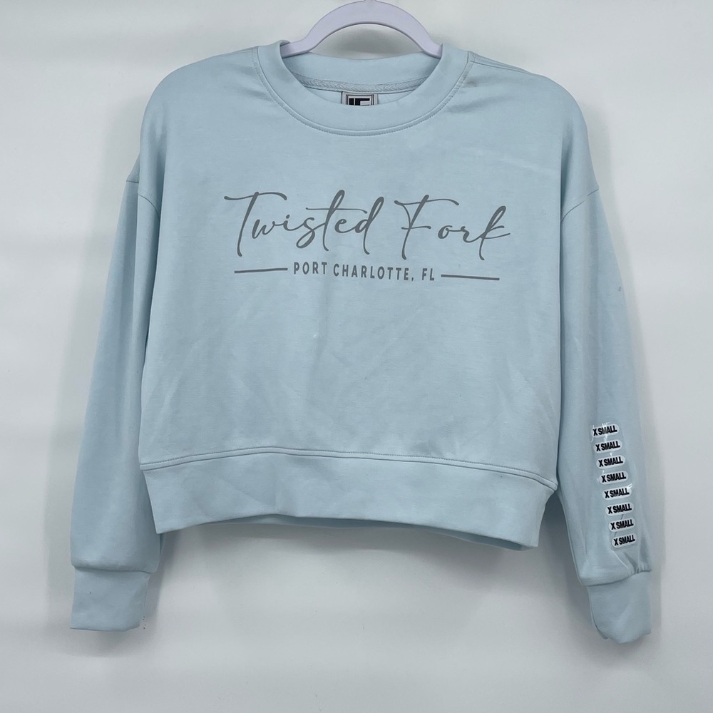 Liquid Energy NWT Twisted Fork light blue crop sweatshirt
